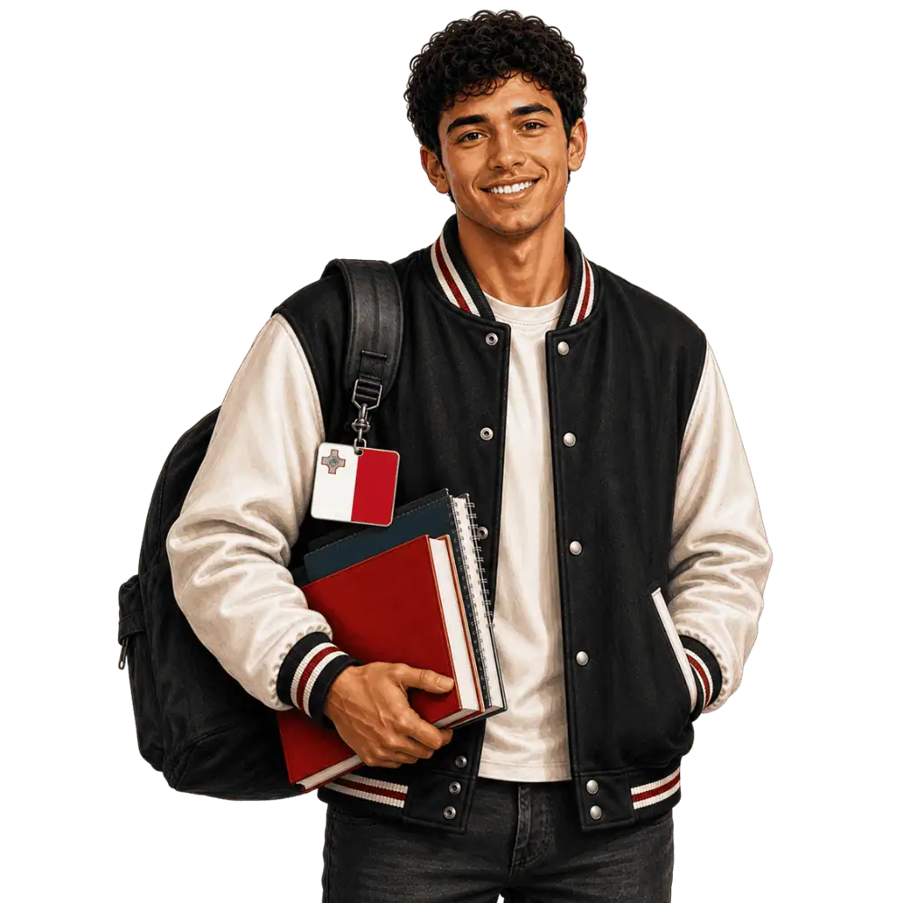 Student with books, a backpack and a Maltese flag tag representing study permits for Maltese students in Canada