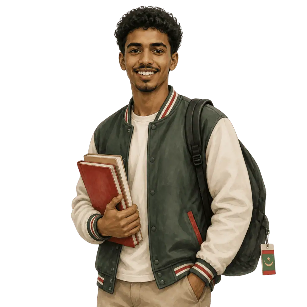 Student with books, a backpack and a Mauritanian flag tag representing study permits for Mauritanian students in Canada