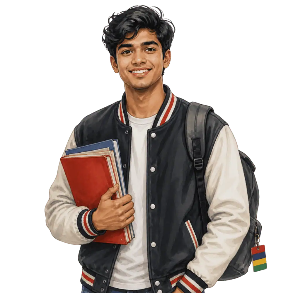 Student with books, a backpack and a Mauritian flag tag representing study permits for Mauritian students in Canada