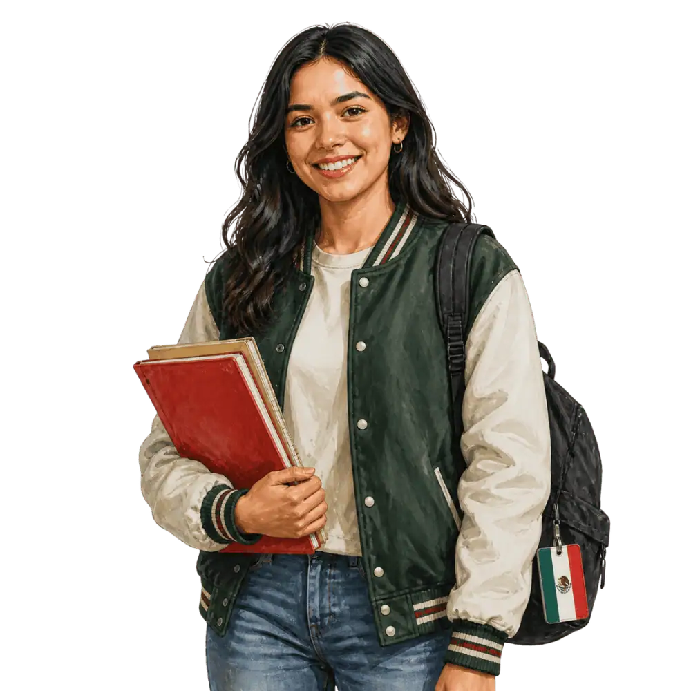 Student with books, a backpack and a Mexican flag tag representing study permits for Mexican students in Canada