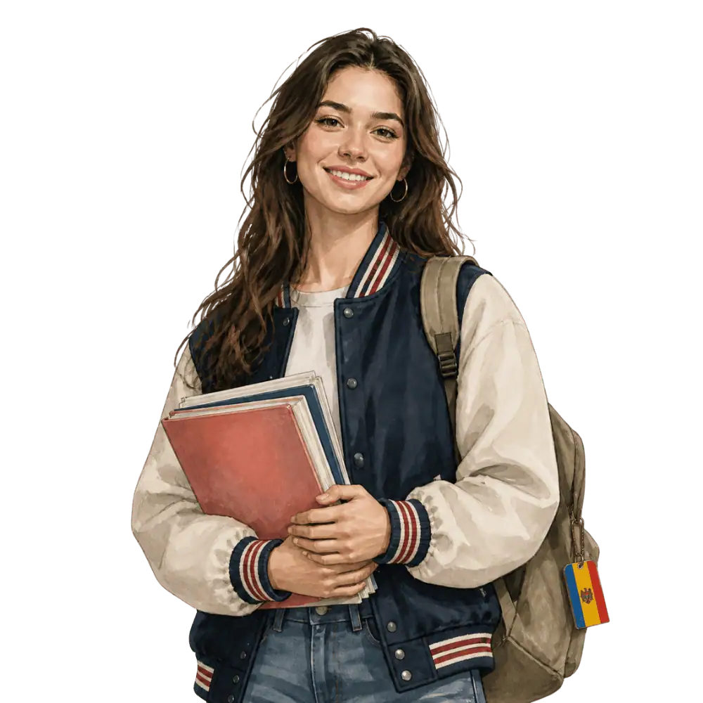 Student with books, a backpack and a Moldovan flag tag representing study permits for Moldovan students in Canada