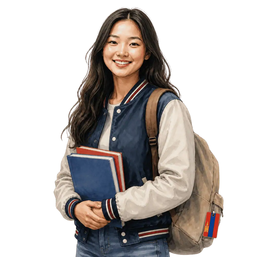 Student with books, a backpack and a Mongolian flag tag representing study permits for Mongolian students in Canada