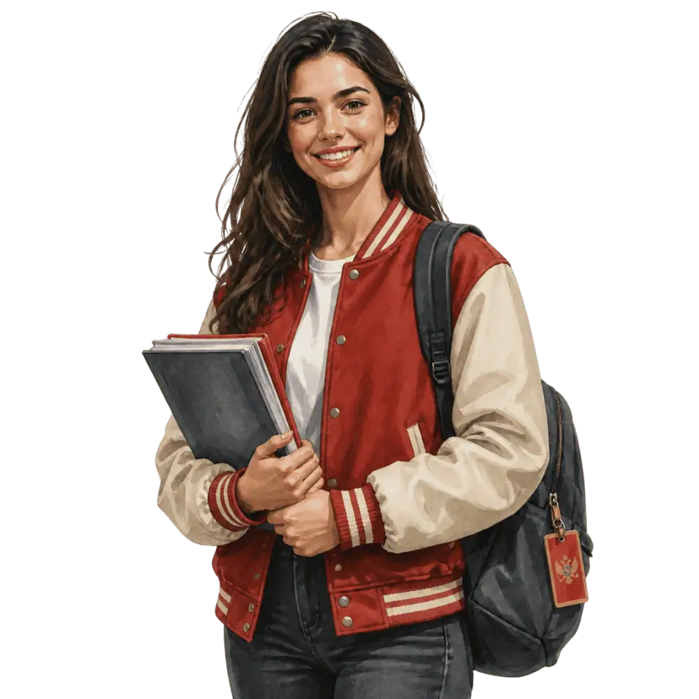 Student with books, a backpack and a Montenegrin flag tag representing study permits for Montenegrin students in Canada