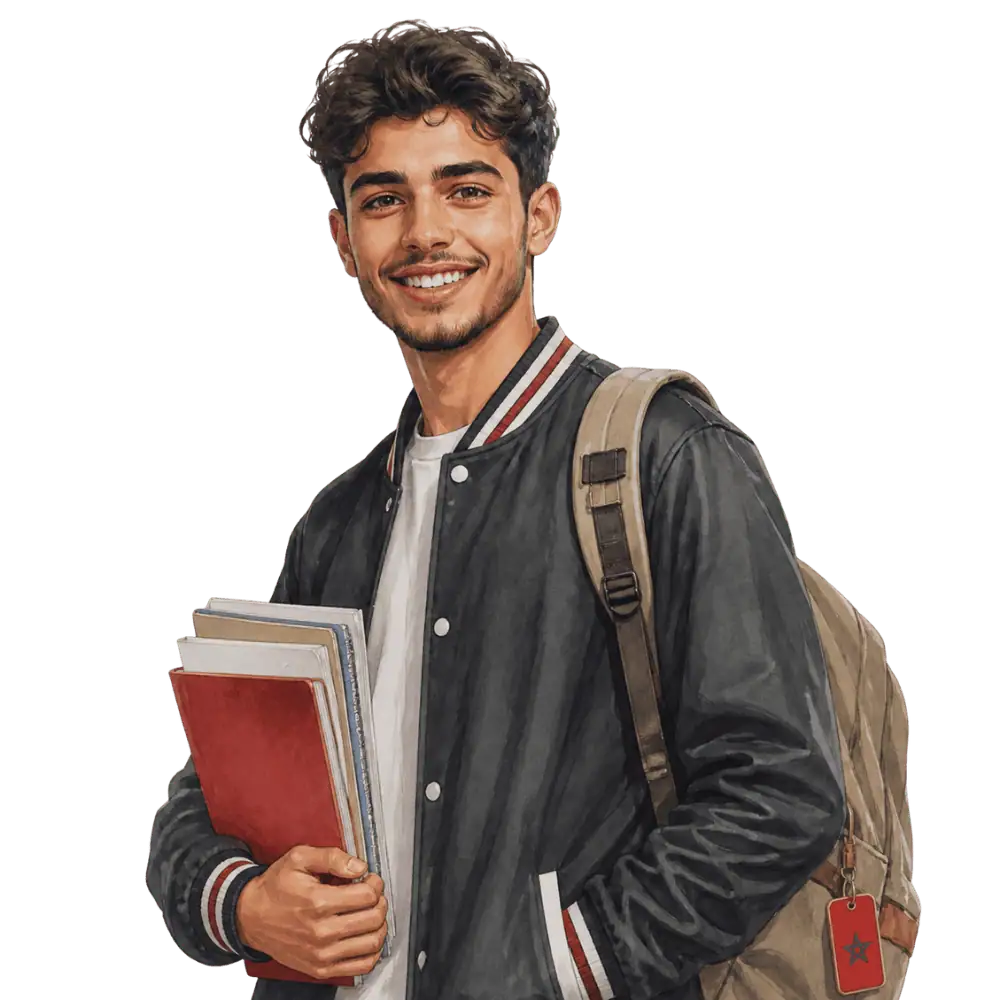Student with books, a backpack and a Moroccan flag tag representing study permits for Moroccan students in Canada