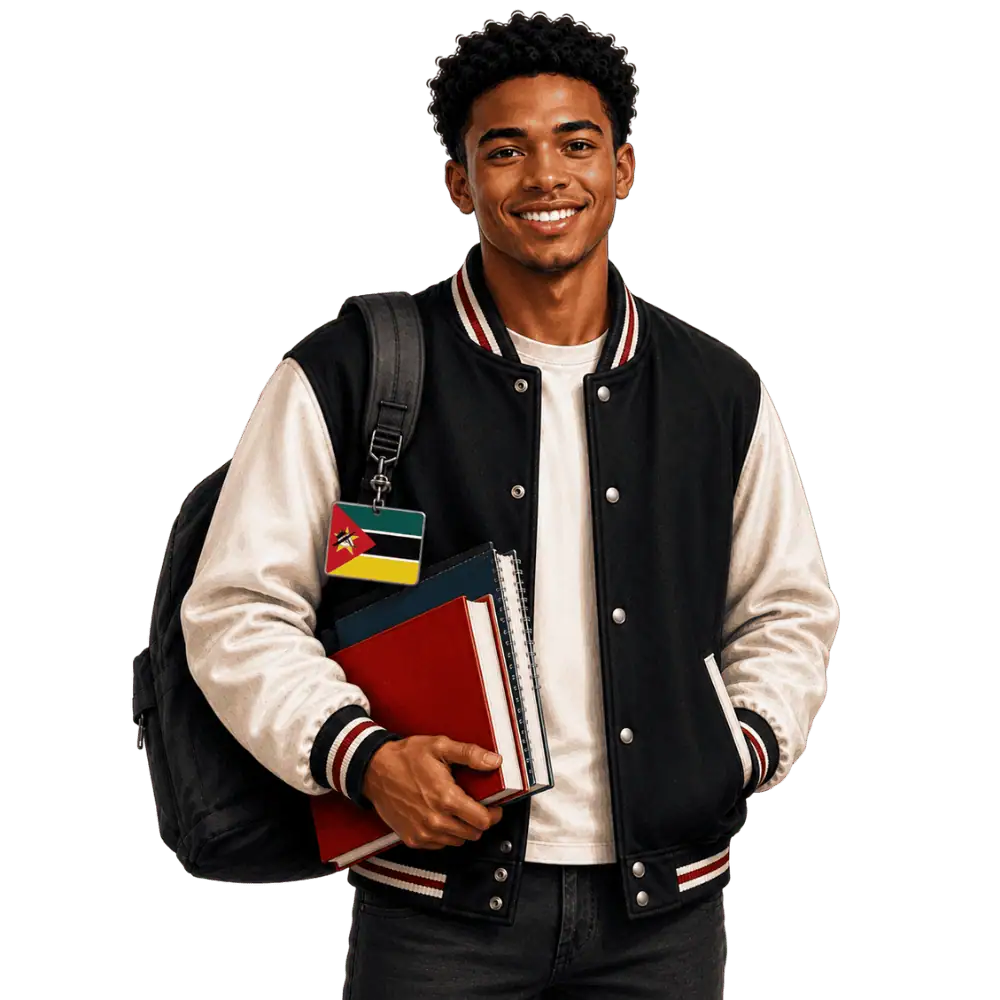 Student with books, a backpack and a Mozambican flag tag representing study permits for Mozambican students in Canada