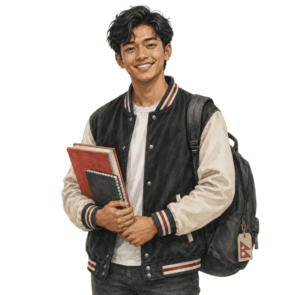 Student with books, a backpack and a Nepali flag tag representing study permits for Nepali students in Canada