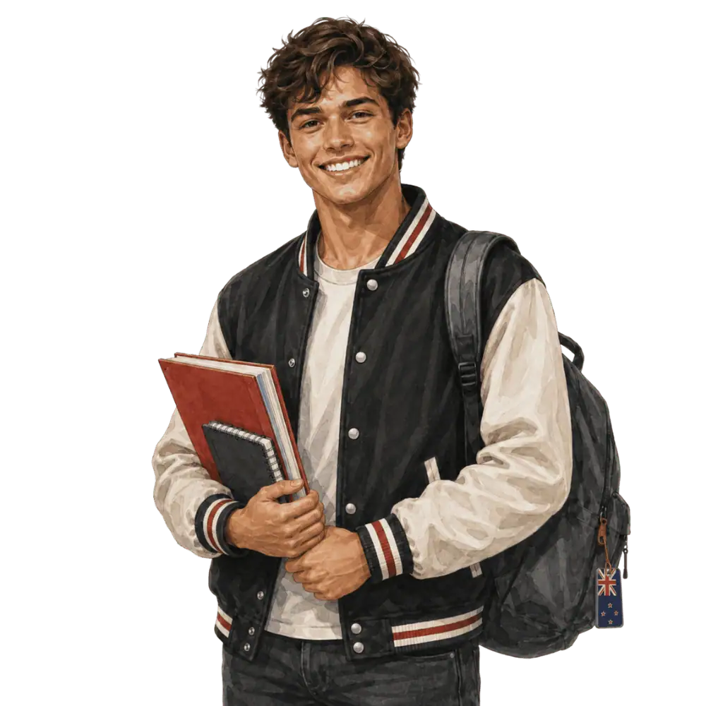 Student with books, a backpack and a New Zealand flag tag representing study permits for New Zealand students in Canada