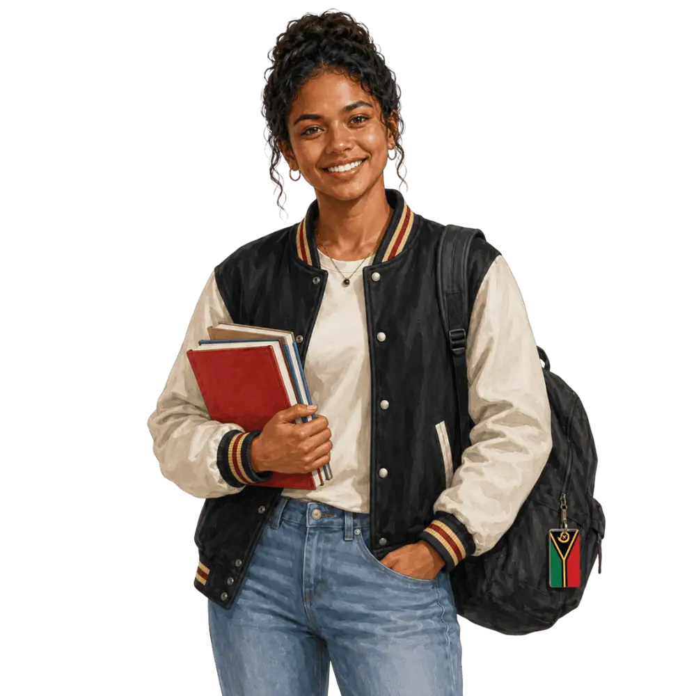 Student with books, a backpack and a Ni-Vanuatu flag tag representing study permits for Ni-Vanuatu students in Canada