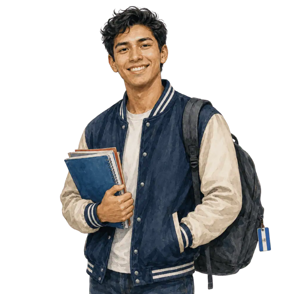 Student with books, a backpack and a Nicaraguan flag tag representing study permits for Nicaraguan students in Canada