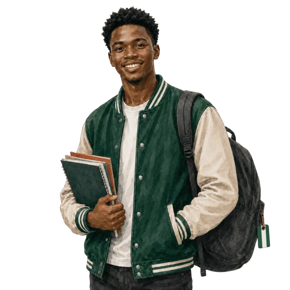 Student with books, a backpack and a Nigerian flag tag representing study permits for Nigerian students in Canada