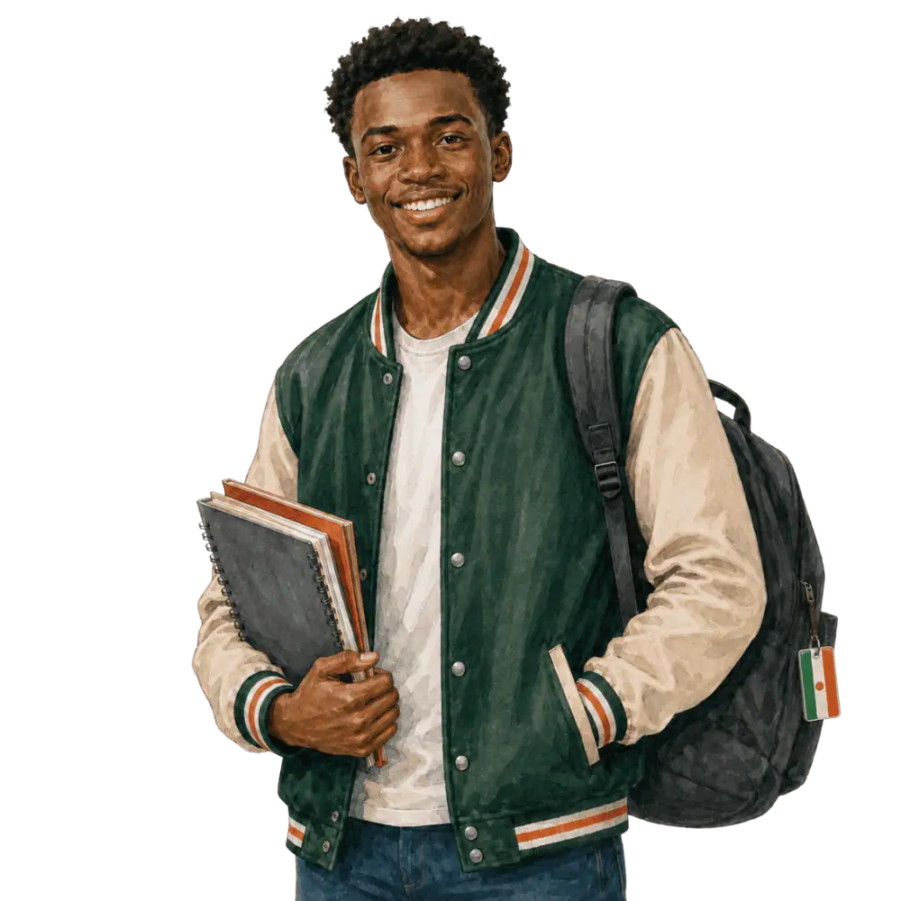 Student with books, a backpack and a Nigerien flag tag representing study permits for Nigerien students in Canada