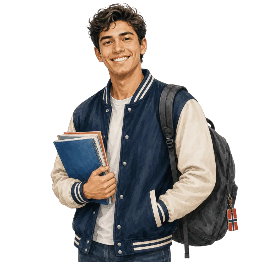 Student with books, a backpack and a Norwegian flag tag representing study permits for Norwegian students in Canada