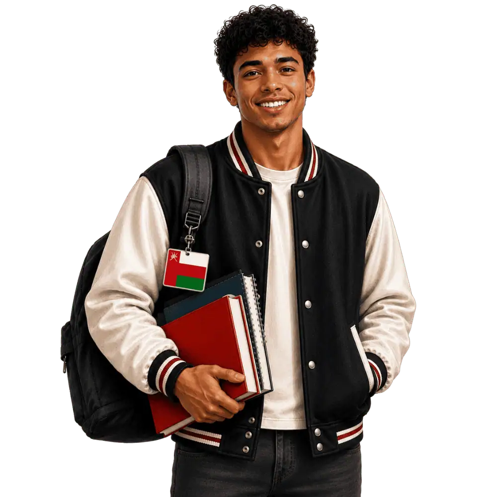 Student with books, a backpack and an Omani flag tag representing study permits for Omani students in Canada