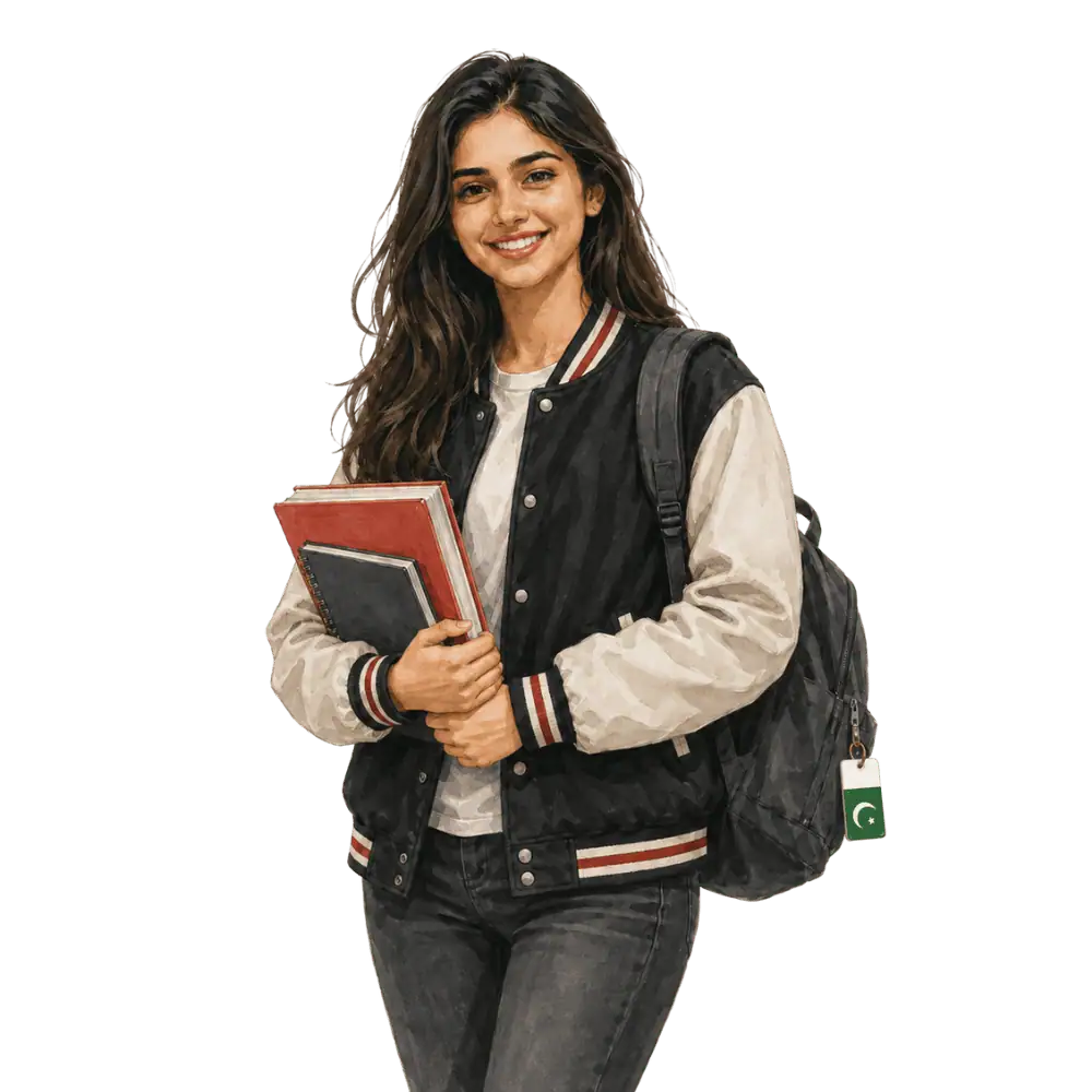 Student with books, a backpack and a Pakistani flag tag representing study permits for Pakistani students in Canada