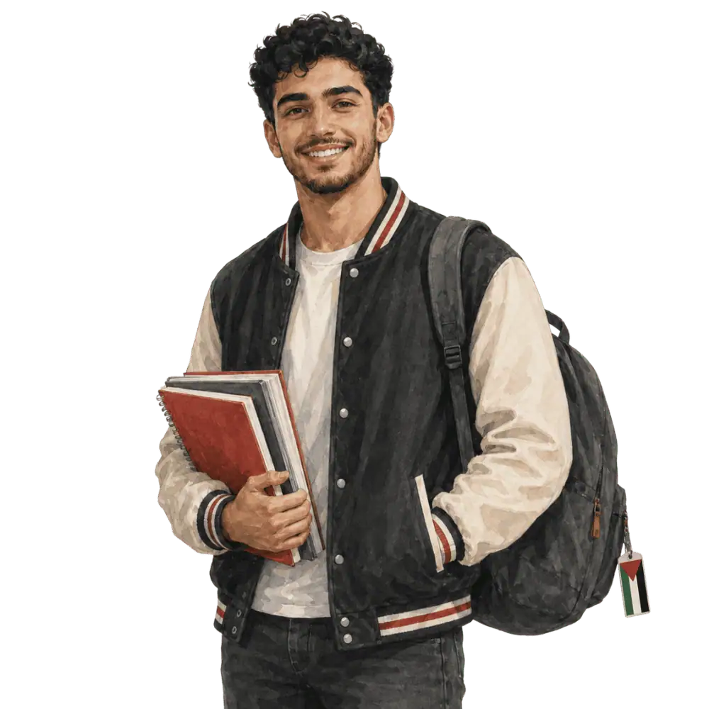 Student with books, a backpack and a Palestinian flag tag representing study permits for Palestinian students in Canada