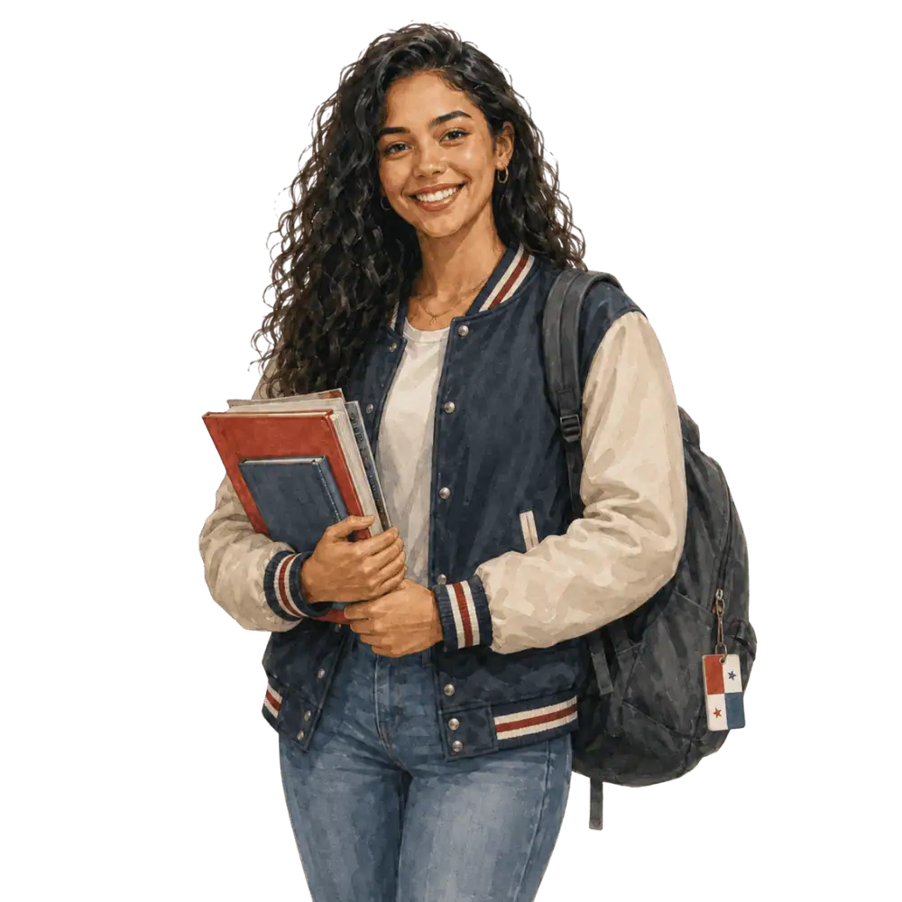 Student with books, a backpack and a Panamanian flag tag representing study permits for Panamanian students in Canada