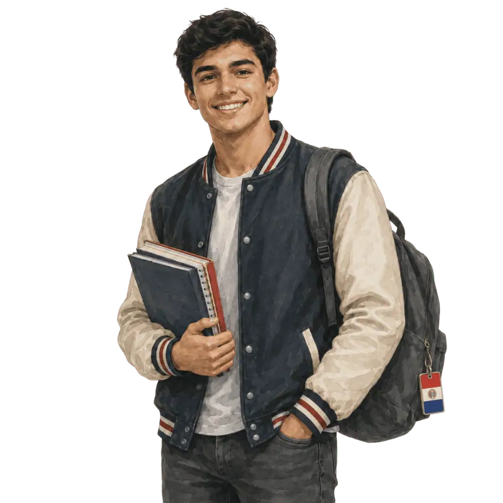 Student with books, a backpack and a Paraguayan flag tag representing study permits for Paraguayan students in Canada