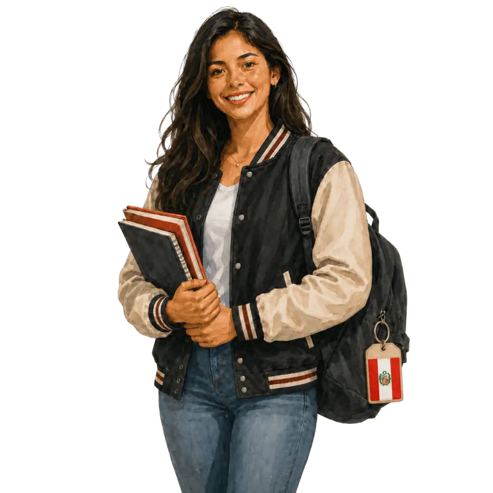 Student with books, a backpack and a Peruvian flag tag representing study permits for Peruvian students in Canada