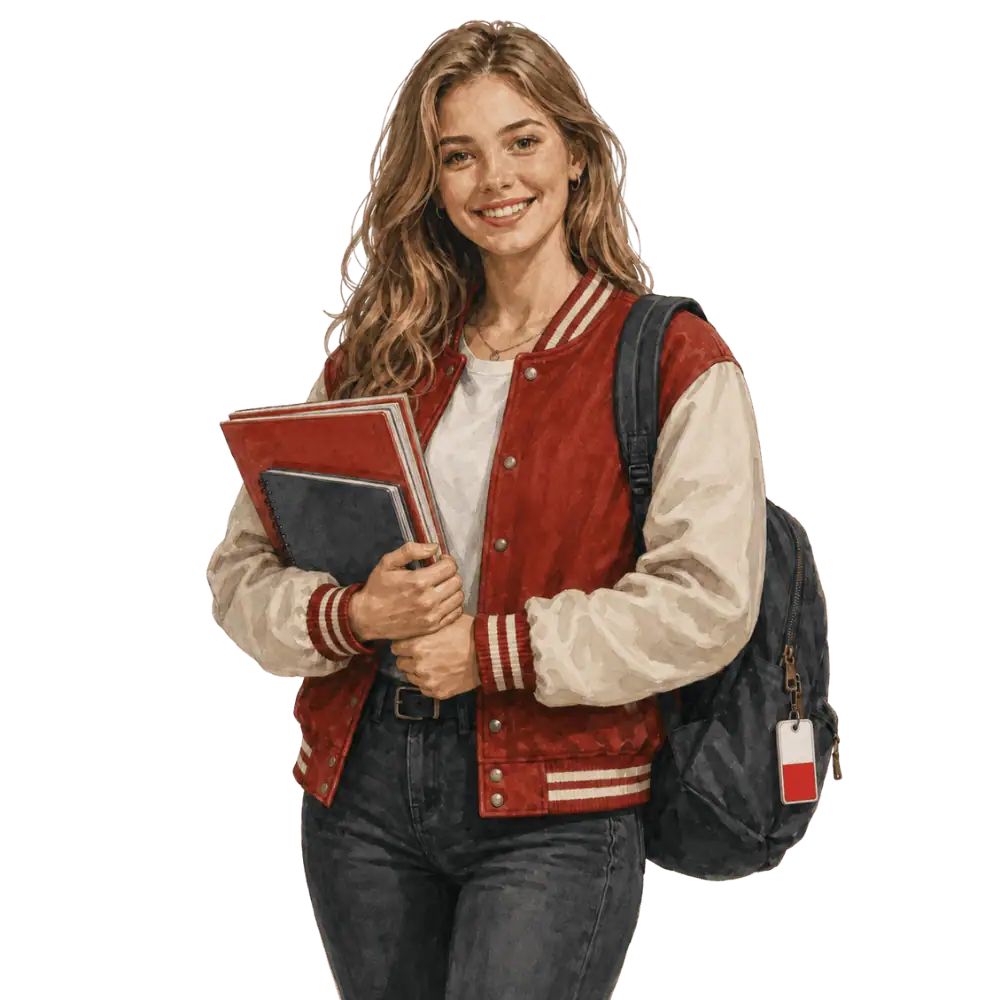 Student with books, a backpack and a Polish flag tag representing study permits for Polish students in Canada