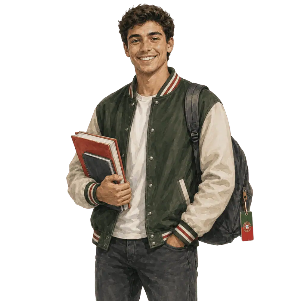 Student with books, a backpack and a Portuguese flag tag representing study permits for Portuguese students in Canada
