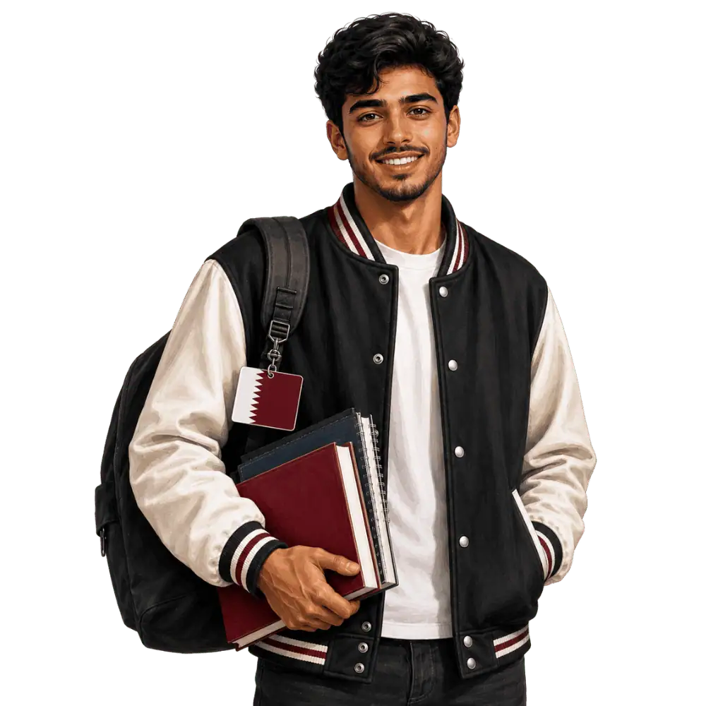 Student with books, a backpack and a Qatari flag tag representing study permits for Qatari students in Canada