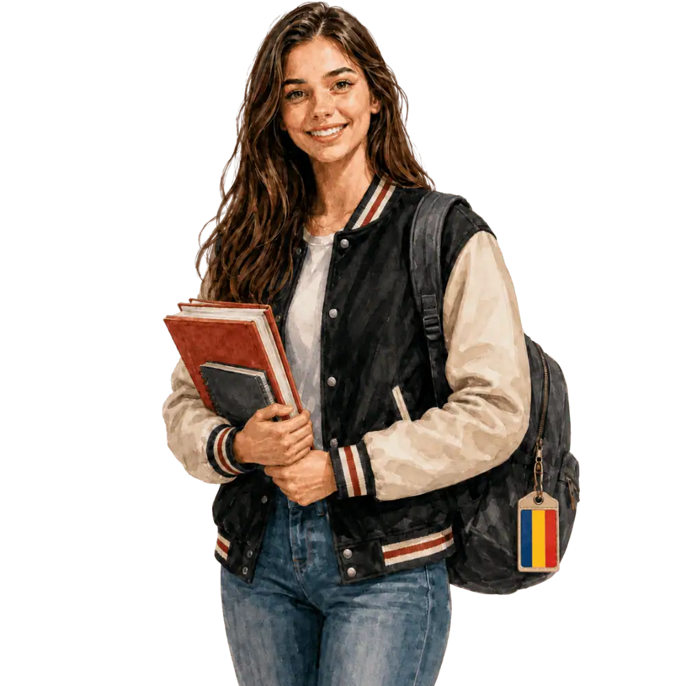 Student with books, a backpack and a Romanian flag tag representing study permits for Romanian students in Canada