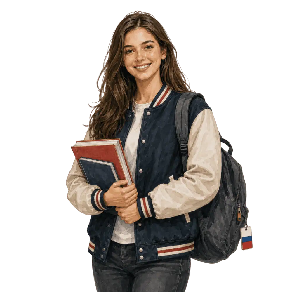 Student with books, a backpack and a Russian flag tag representing study permits for Russian students in Canada