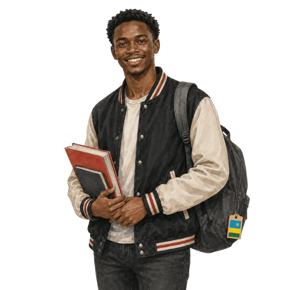 Student with books, a backpack and a Rwandan flag tag representing study permits for Rwandan students in Canada