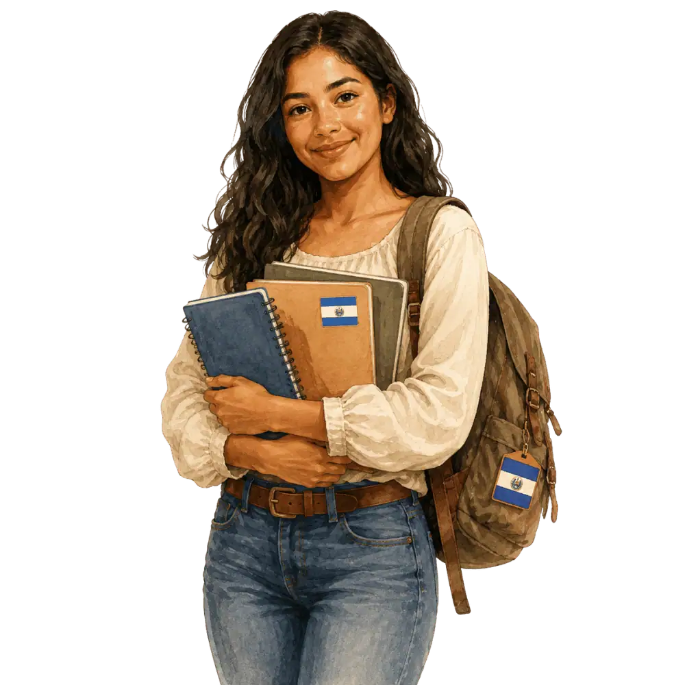 Student with books, a backpack and a Salvadoran flag tag representing study permits for Salvadoran students in Canada