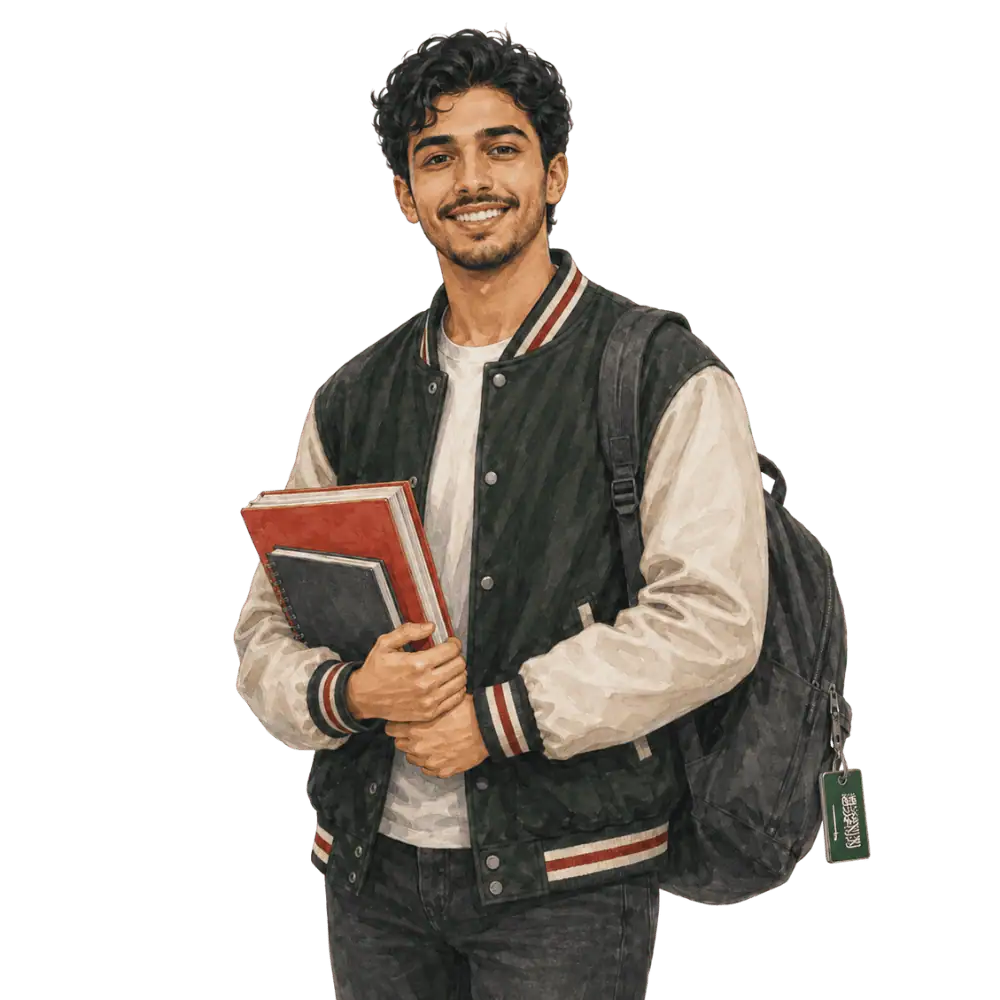 Student with books, a backpack and a Saudi Arabian flag tag representing study permits for Saudi Arabian students in Canada