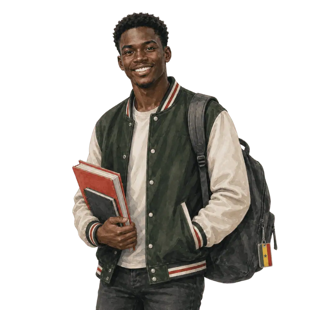 Student with books, a backpack and a Senegalese flag tag representing study permits for Senegalese students in Canada