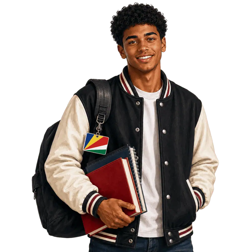 Student with books, a backpack and a Seychellois flag tag representing study permits for Seychellois students in Canada