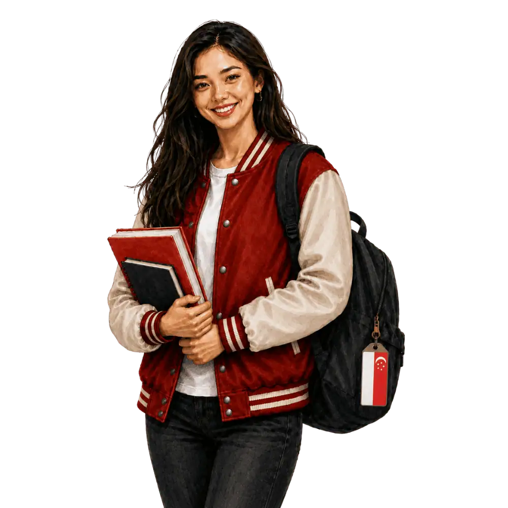 Student with books, a backpack and a Singaporean flag tag representing study permits for Singaporean students in Canada