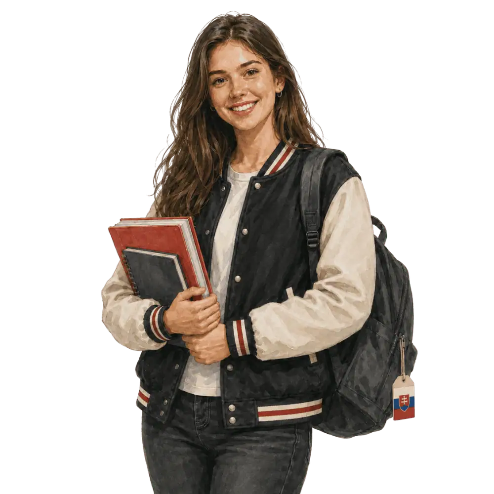 Student with books, a backpack and a Slovak flag tag representing study permits for Slovak students in Canada