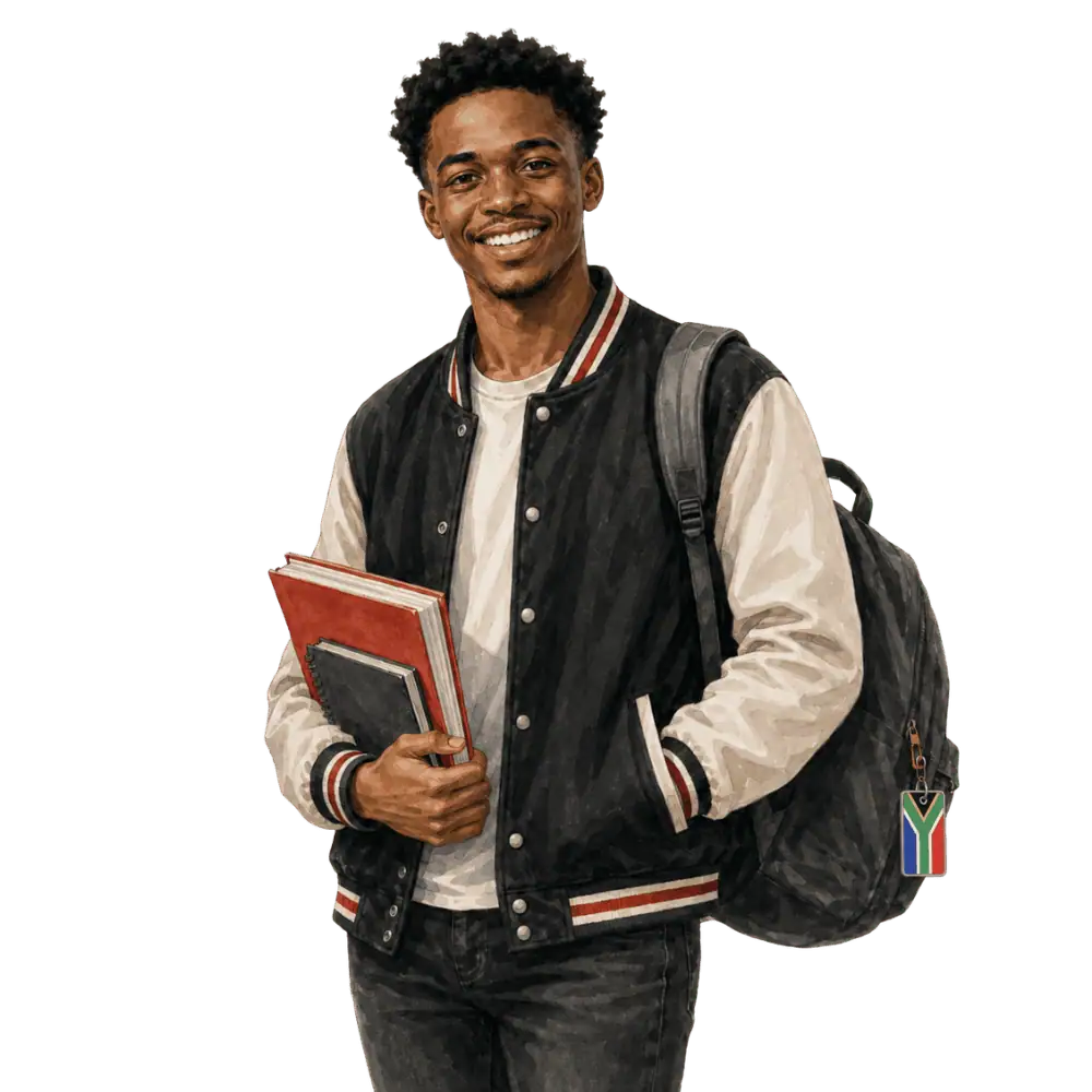Student with books, a backpack and a South African flag tag representing study permits for South African students in Canada