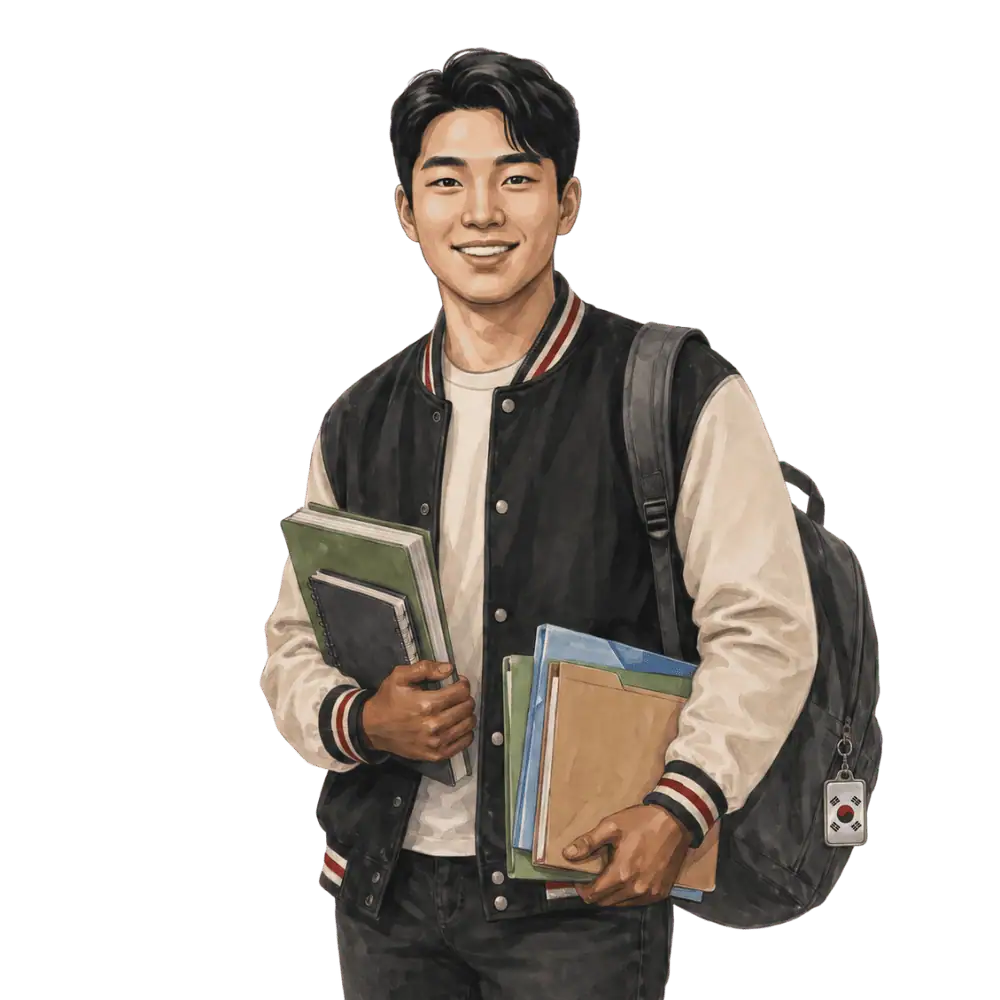 Student with books, a backpack and a South Korean flag tag representing study permits for South Korean students in Canada
