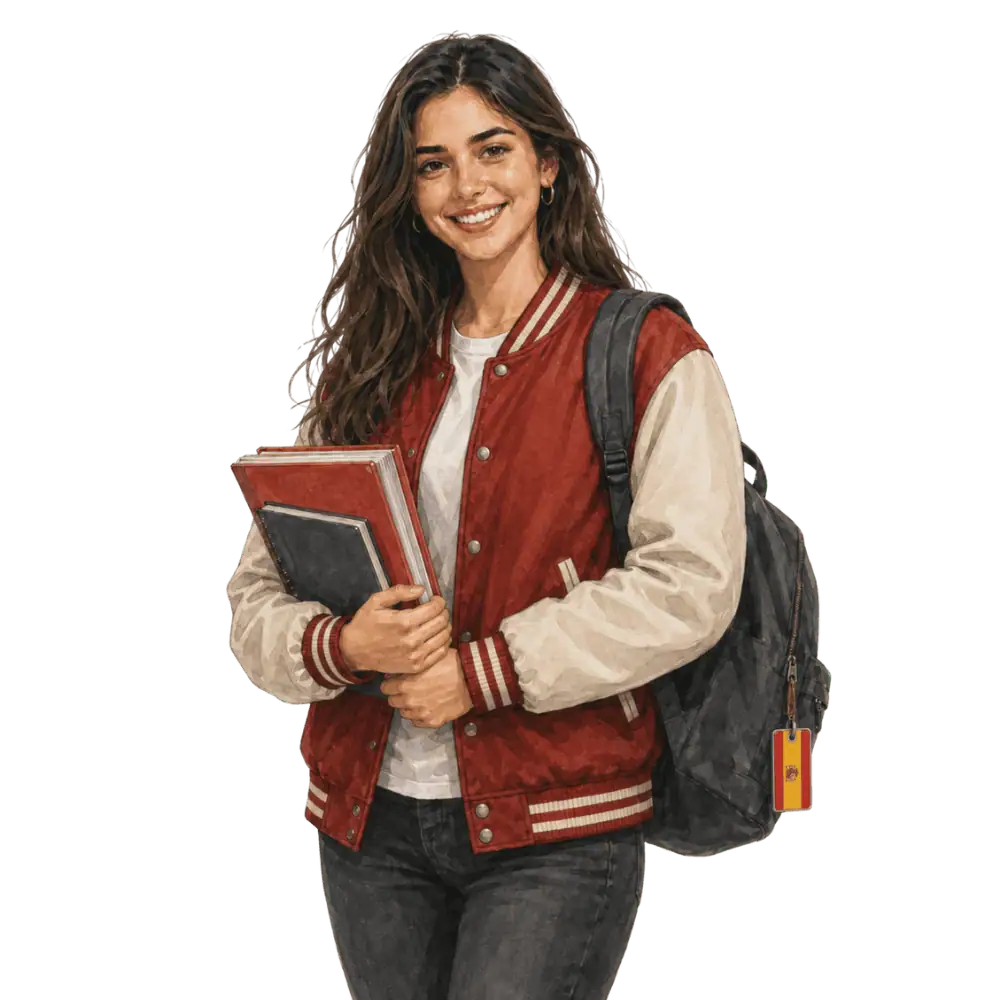 Student with books, a backpack and a Spanish flag tag representing study permits for Spanish students in Canada