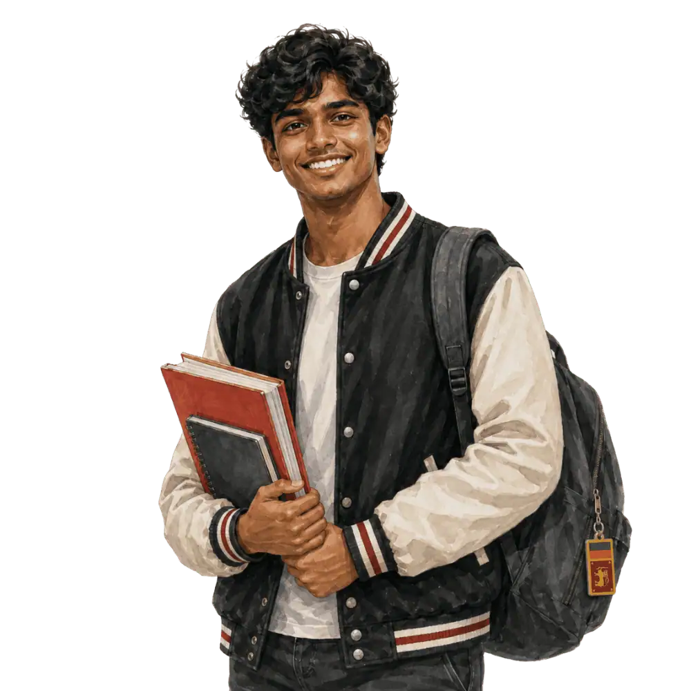 Student with books, a backpack and a Sri Lankan flag tag representing study permits for Sri Lankan students in Canada