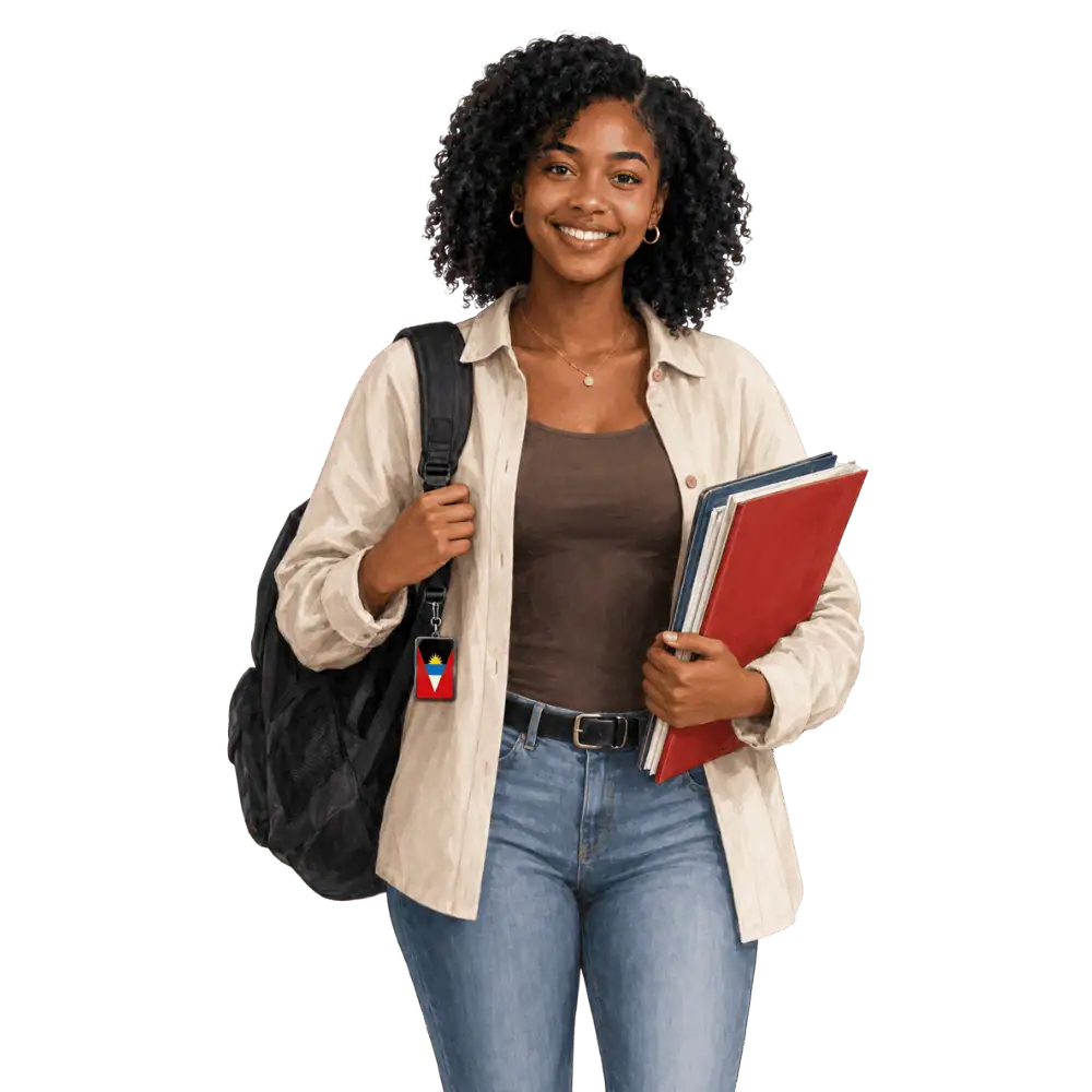 Student with books, a backpack and an Antigua and Barbuda flag tag representing study permits for students from Antigua and Barbuda in Canada