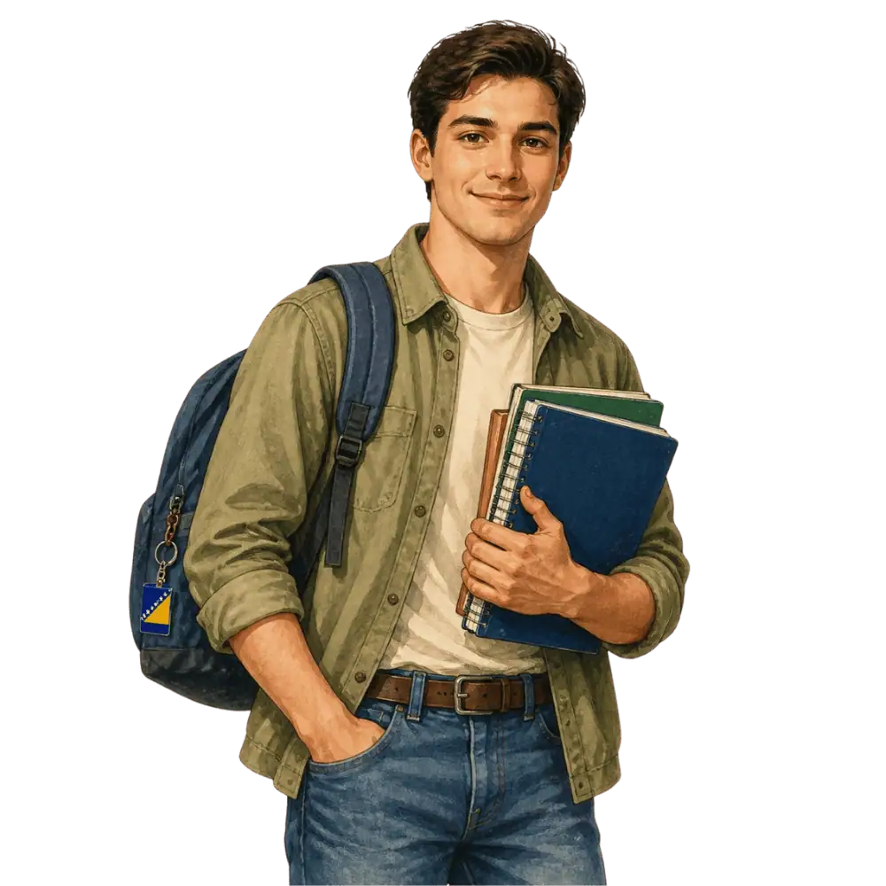 Student with books, a backpack and a Bosnia and Herzegovina flag tag representing study permits for students from Bosnia-Herzegovina in Canada