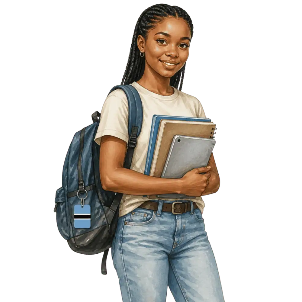 Student with books, a backpack and a Botswana flag tag representing study permits for students from Botswana in Canada