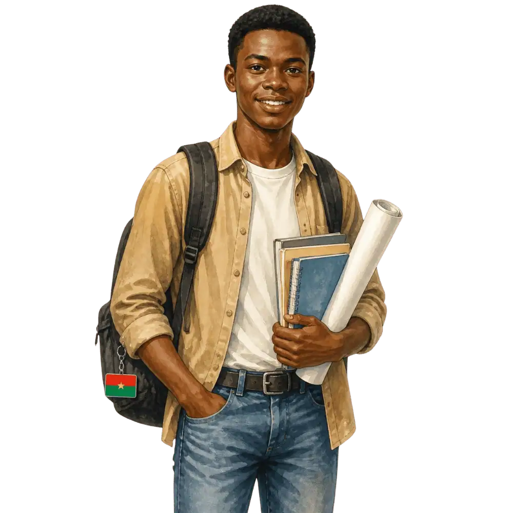 Student with books, a backpack and a Burkina Faso flag tag representing study permits for students from Burkina Faso in Canada