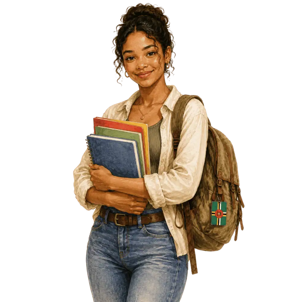 Student with books, a backpack and a Dominican flag tag representing study permits for students from Dominica in Canada