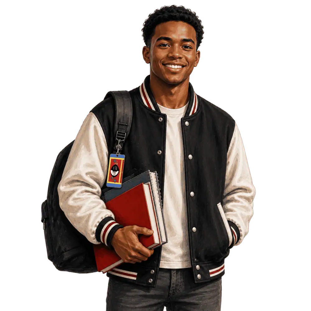 Student with books, a backpack and an Eswatini flag tag representing study permits for students from Eswatini in Canada
