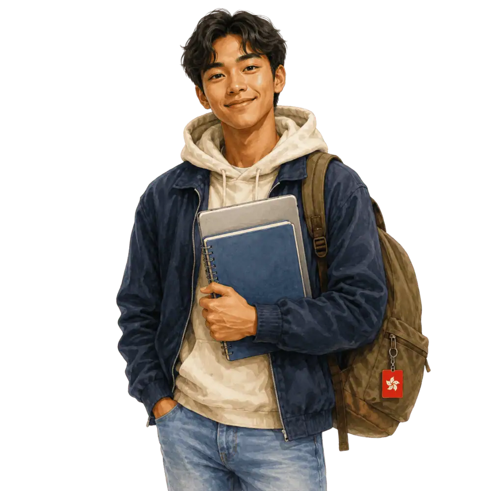 Student with books, a backpack and a Hong Kong flag tag representing study permits for students from Hong Kong in Canada