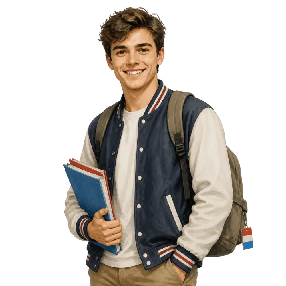 Student with books, a backpack and a Luxembourg flag tag representing study permits for students from Luxembourg in Canada