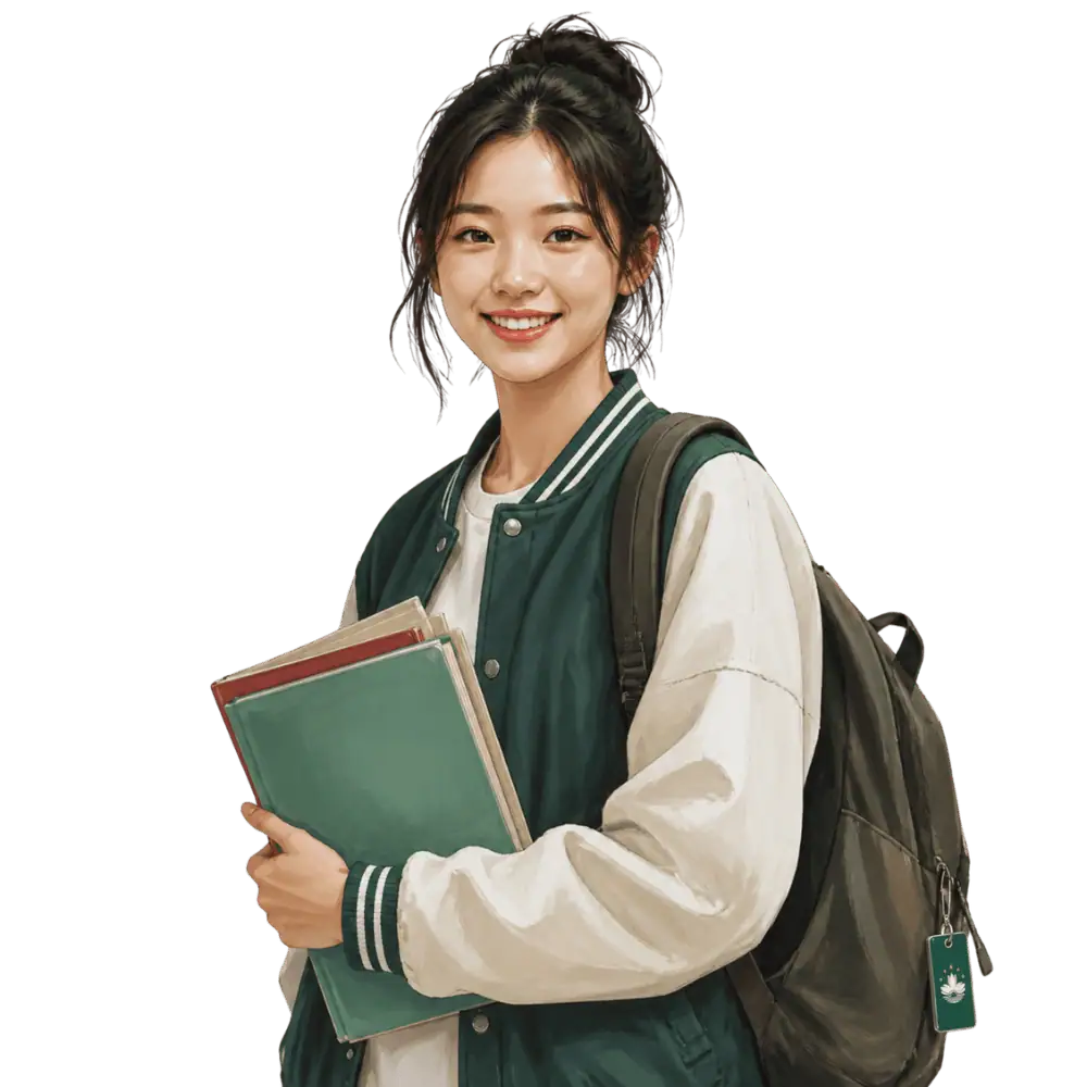 Illustration of a student carrying books and a backpack with a Luxembourg flag tag, representing the Canadian study permit process for students from Luxembourg.
