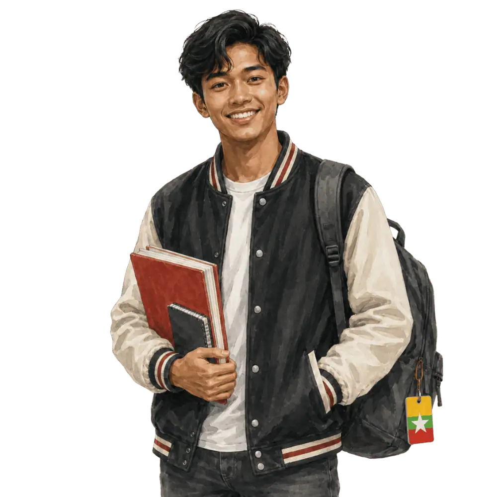 Student with books, a backpack and a Myanmar flag tag representing study permits for students from Myanmar in Canada