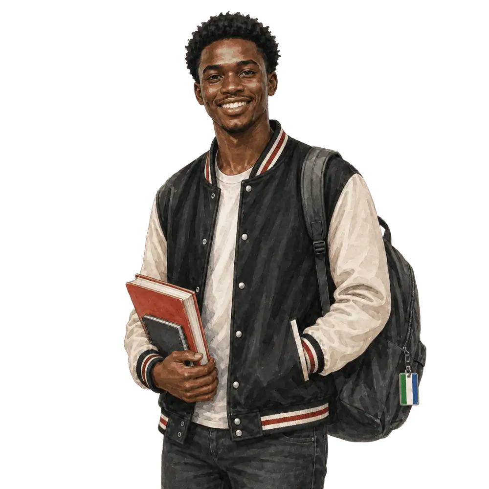 Student with books, a backpack and a Sierra Leone flag tag representing study permits for students from Sierra Leone in Canada