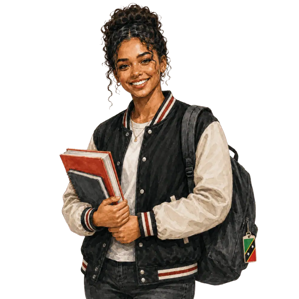 Student with books, a backpack and a St. Kitts and Nevis flag tag representing study permits for students from St. Kitts-Nevis in Canada